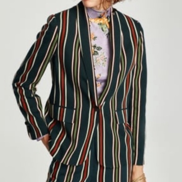 ZARA Woman Striped Bottle Green Blazer - Picture 1 of 11